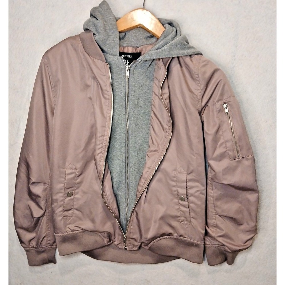 Womens Bomber Jacket Small Pink Mauve Hooded Zip Lightweight Windbreaker Y2K - Picture 3 of 9